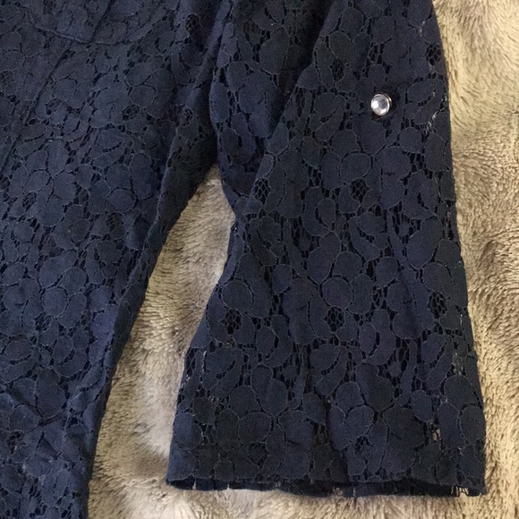 Navy blue floral lace button front shirt L 3/4 sleeve satin collar & trim - Picture 6 of 9